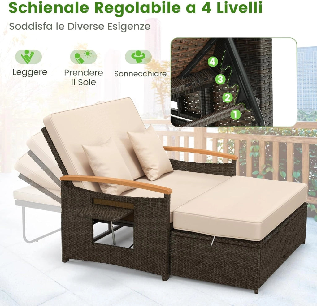 Set Divano da Giardino in Rattan, con Cuscino e Panca Contenitore, Divano Letto con Schienale Regolabile a 4 Livelli e Vassoi Laterali Estraibili, per Giardino Piscina Cortile