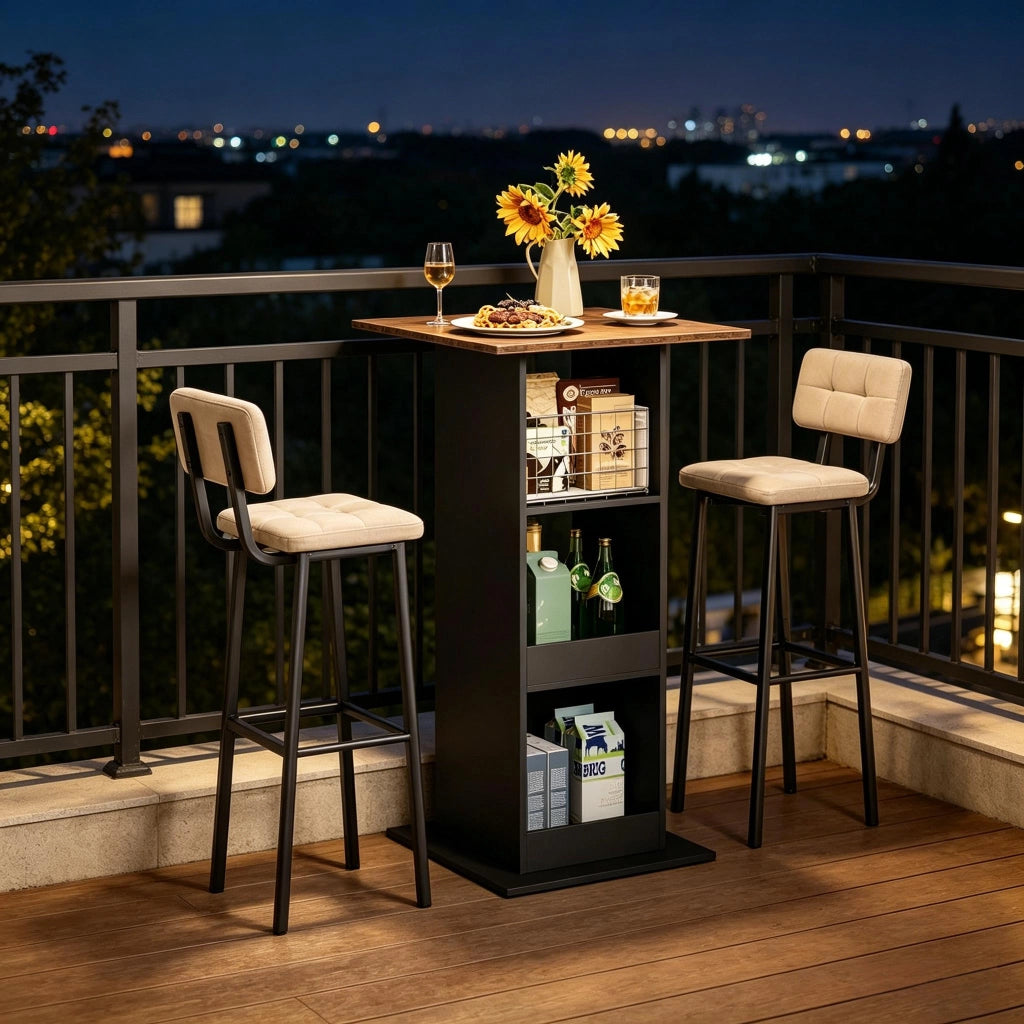 Tavolo bar quadrato con 3 vani aperti, mobile contenitore 2 in 1 per cucina e soggiorno, nero, 60 × 60 × 109 cm
