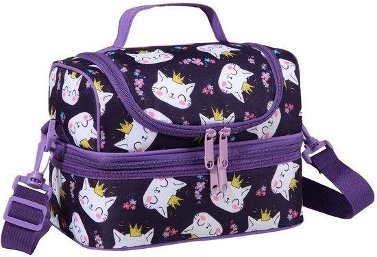 Lunchtas per bambini, contenitore per pasti leggero e isolato, termos, con due compartimenti e cinturino regolabile e rimovibile, colore viola