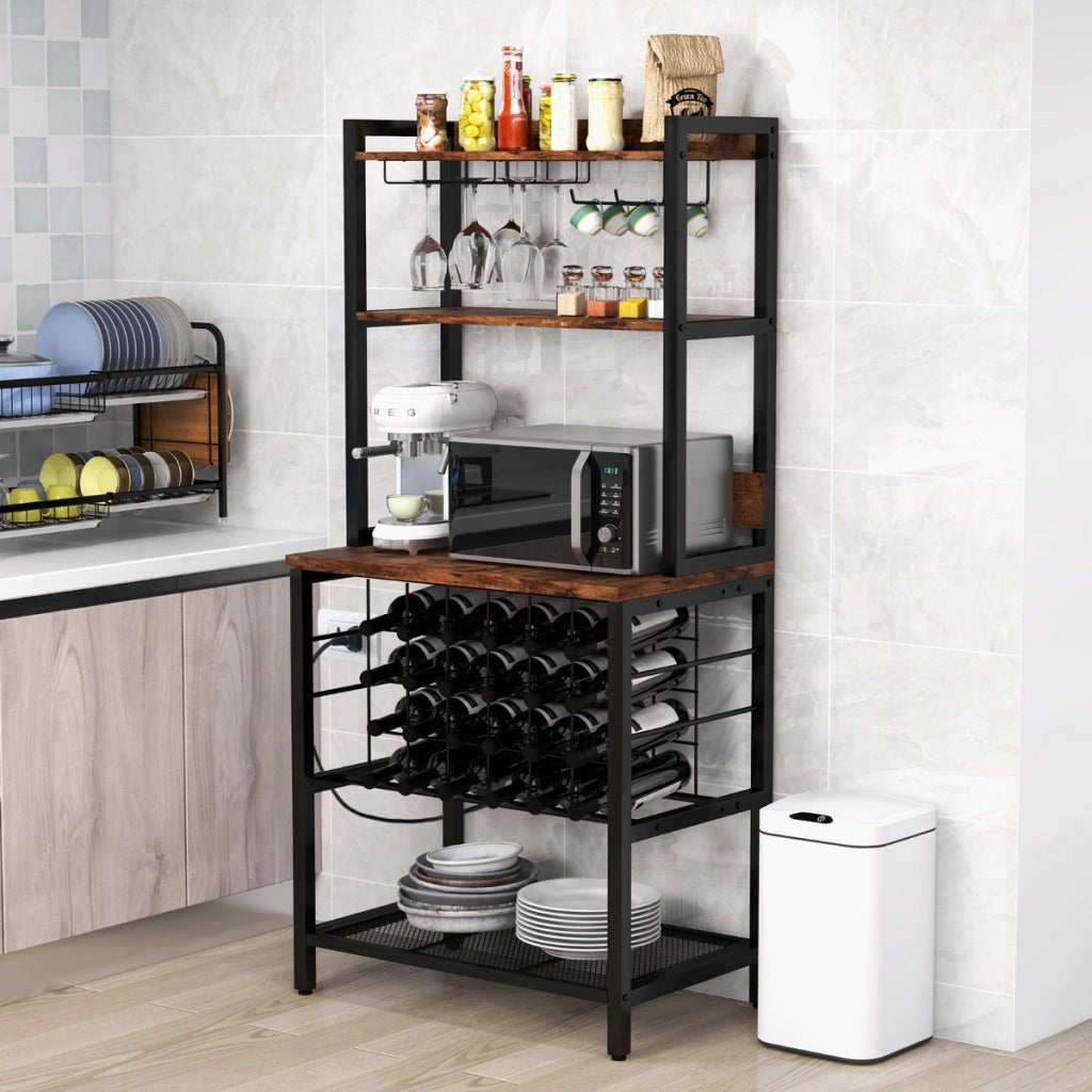 Mobile bar vino con 4 ripiani porta calici porte USB prese struttura in metallo, Portabottiglie industriale Marrone
