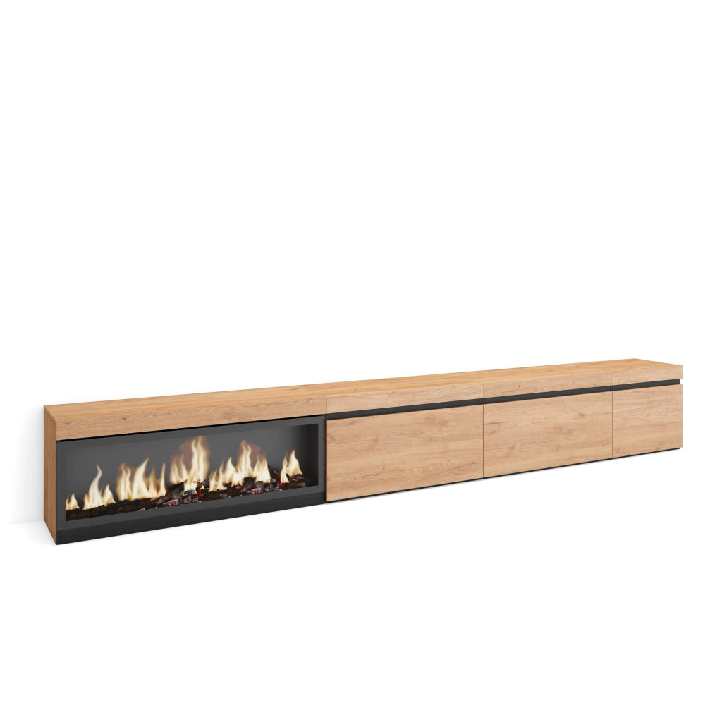Mobile TV Soggiorno, 317x35x45cm, Camino elettrico XXL, colore Rovere RF3674