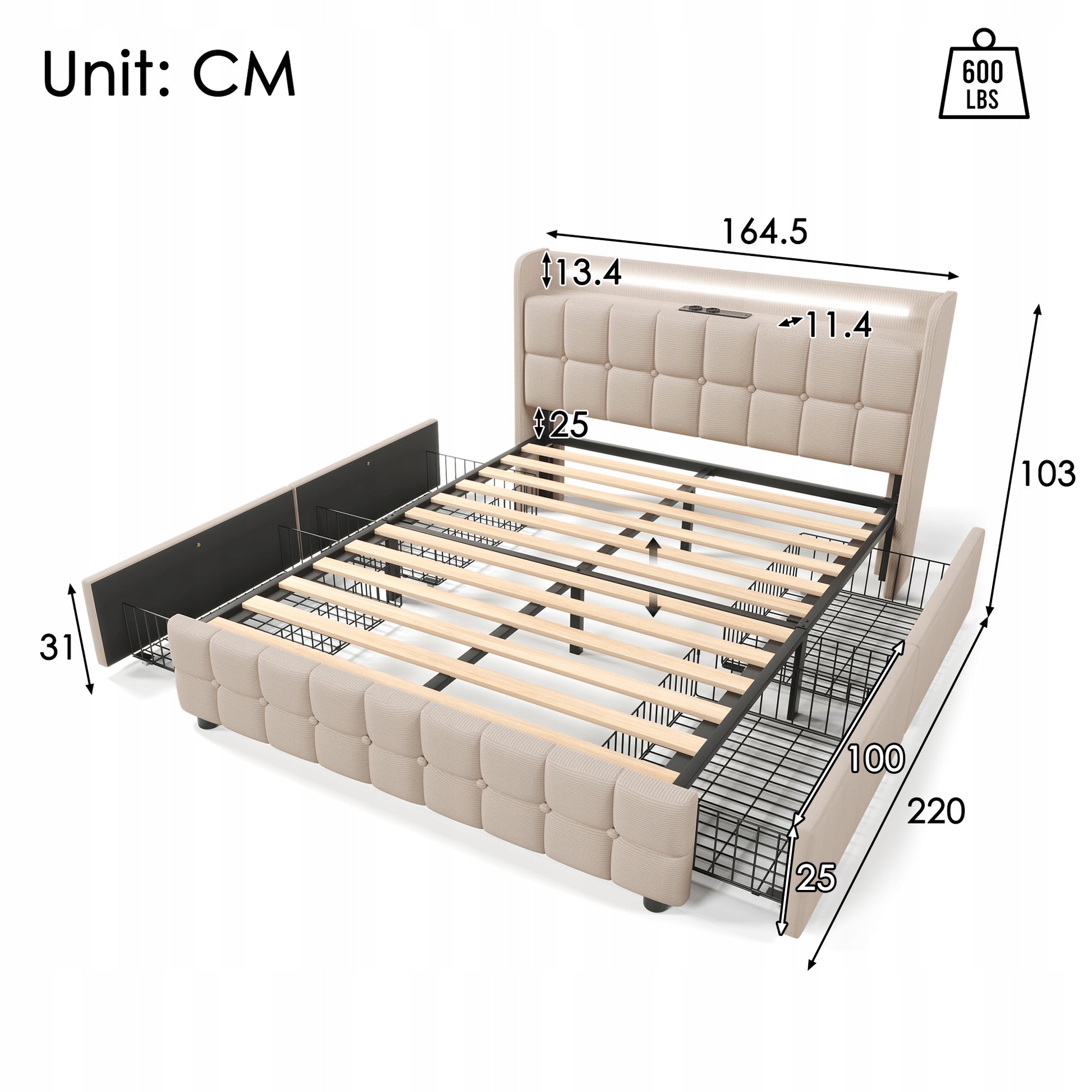 Letto singolo imbottito - Xylo - 90x200 cm - Beige chiaro - USB Type C, cassetti