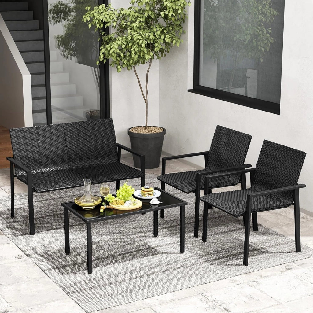 Set di mobili da giardino per esterni, set di mobili da giardino in polyrattan, 4 pezzi, mobili da terrazzo, set da 4 persone, tavolo da 2 sedie, per balcone, set da balcone, resistente alle