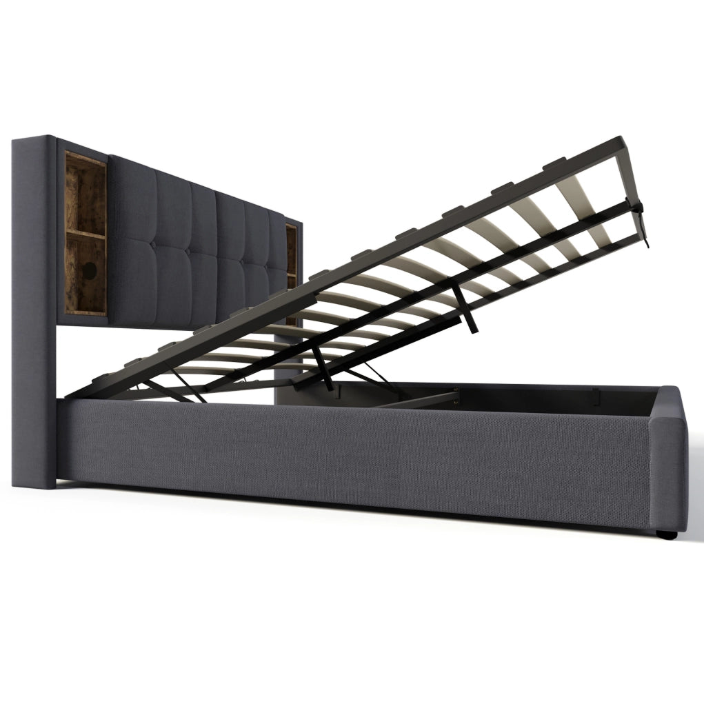 Letto matrimoniale imbottito 180x200 cm grigio con ricarica wireless; USB e contenitore