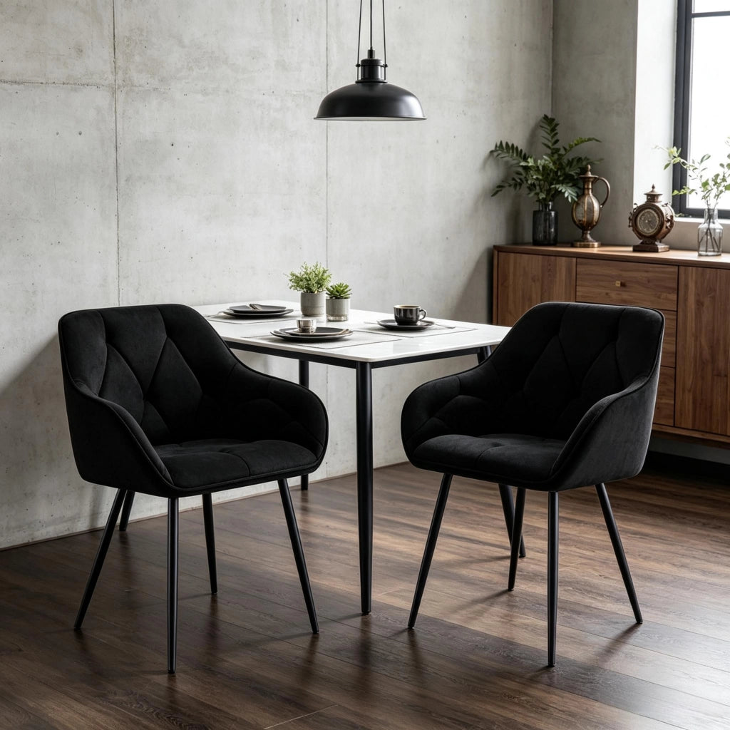 Set di 2 sedie da pranzo imbottite in velluto nero con schienale ergonomico e gambe in metallo