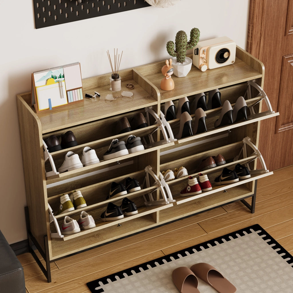 Scarpiera con 4 Ante a Ribalta; Ripiani Regolabili; Bordi Arrotondati; in Pannello Truciolare; Naturale; 121×25×91;5 cm