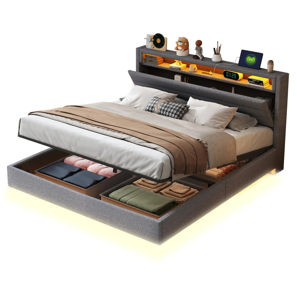 Letto matrimoniale contenitore 160x200 cm imbottito in tessuto di lino grigio con LED e presa USB