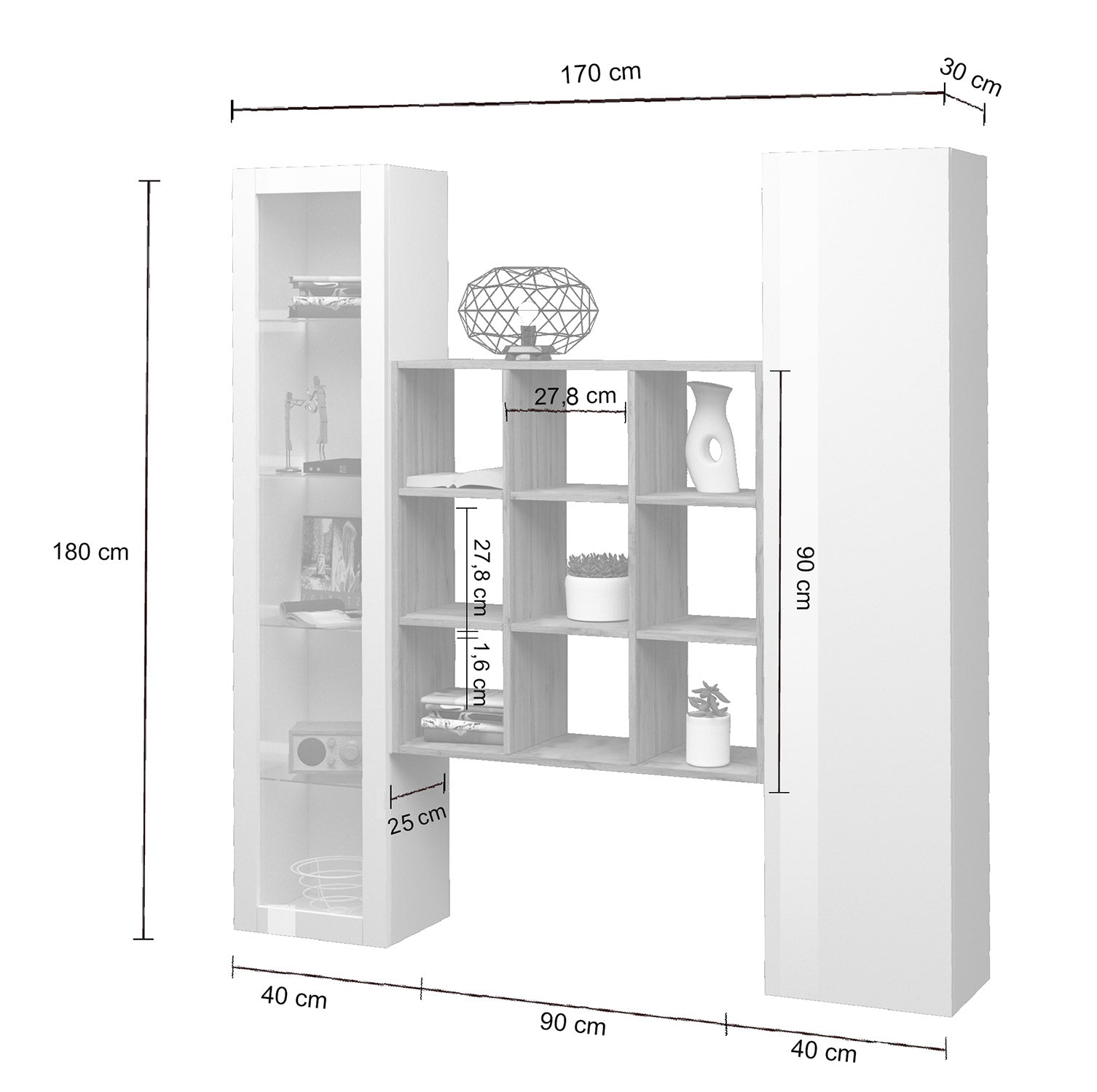 Parete Attrezzata Soggiorno 170x30x180 cm Maruska n°25 Bianco Lucido