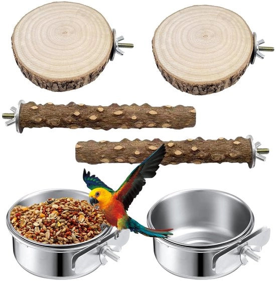 Accessori per piccioni, ciotola per cibo in acciaio inossidabile, giocattoli per uccelli, supporto in legno, accessori per piccioni, piccioni da caccia e pappagalli, 6 pezzi.