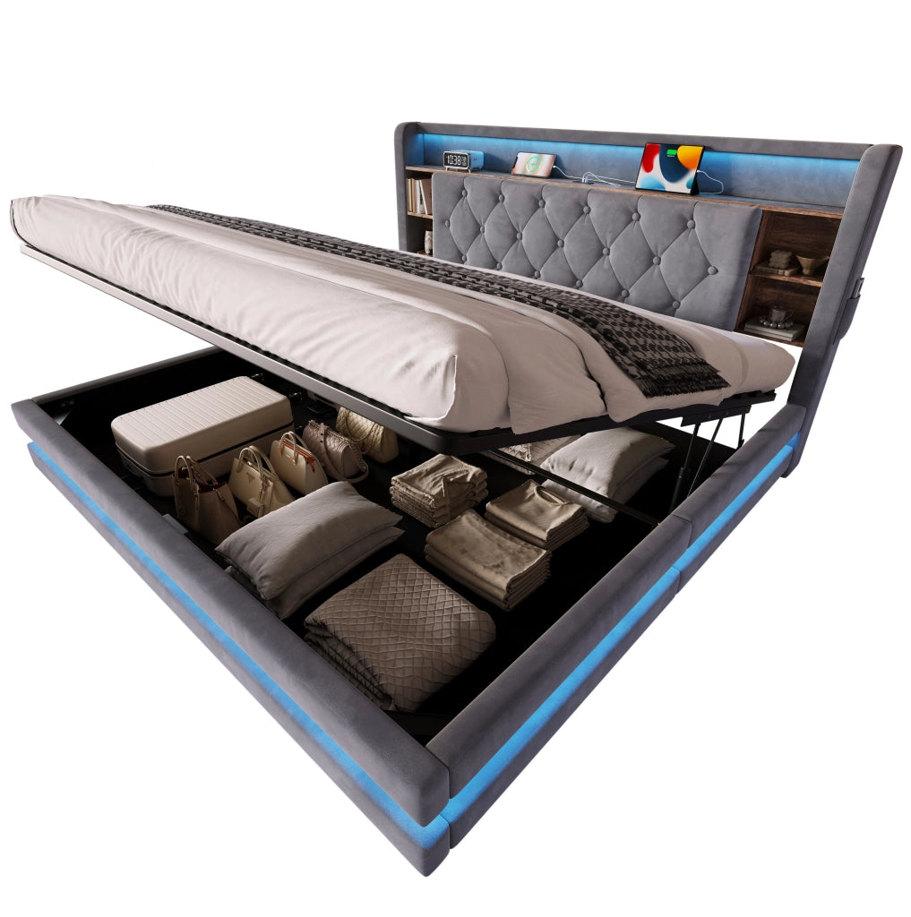 Letto imbottito 180x200 cm grigio scuro con LED e USB
