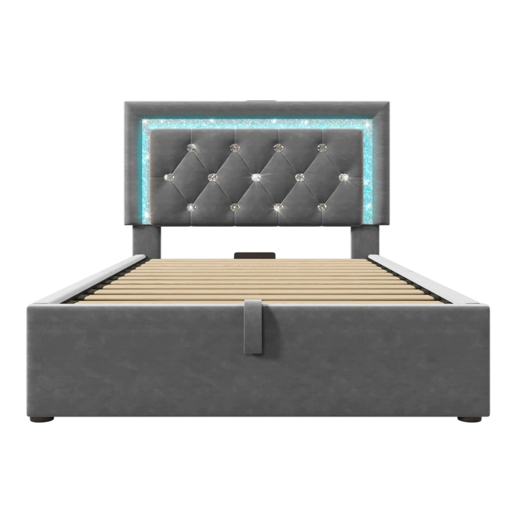 Letto singolo imbottito 90x200 cm con contenitore; LED; USB C e USB; velluto grigio