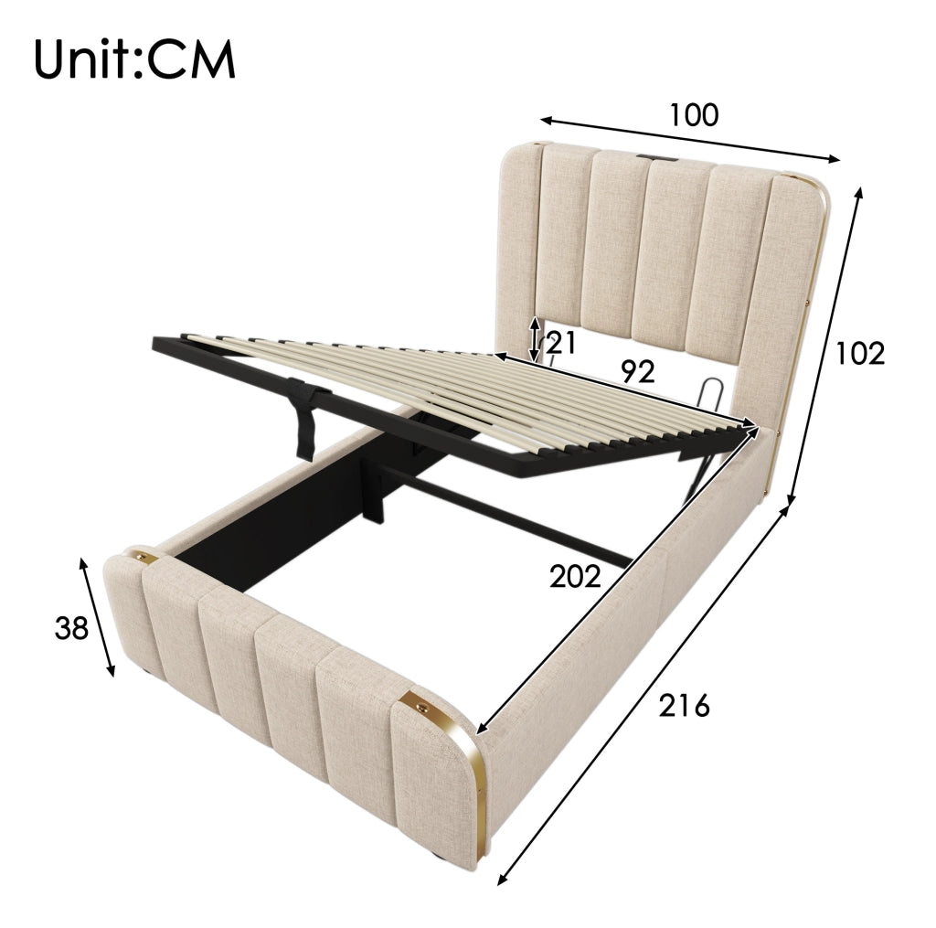 Letto singolo imbottito 90x200 cm in lino beige con contenitore; USB e tipo C; con materasso