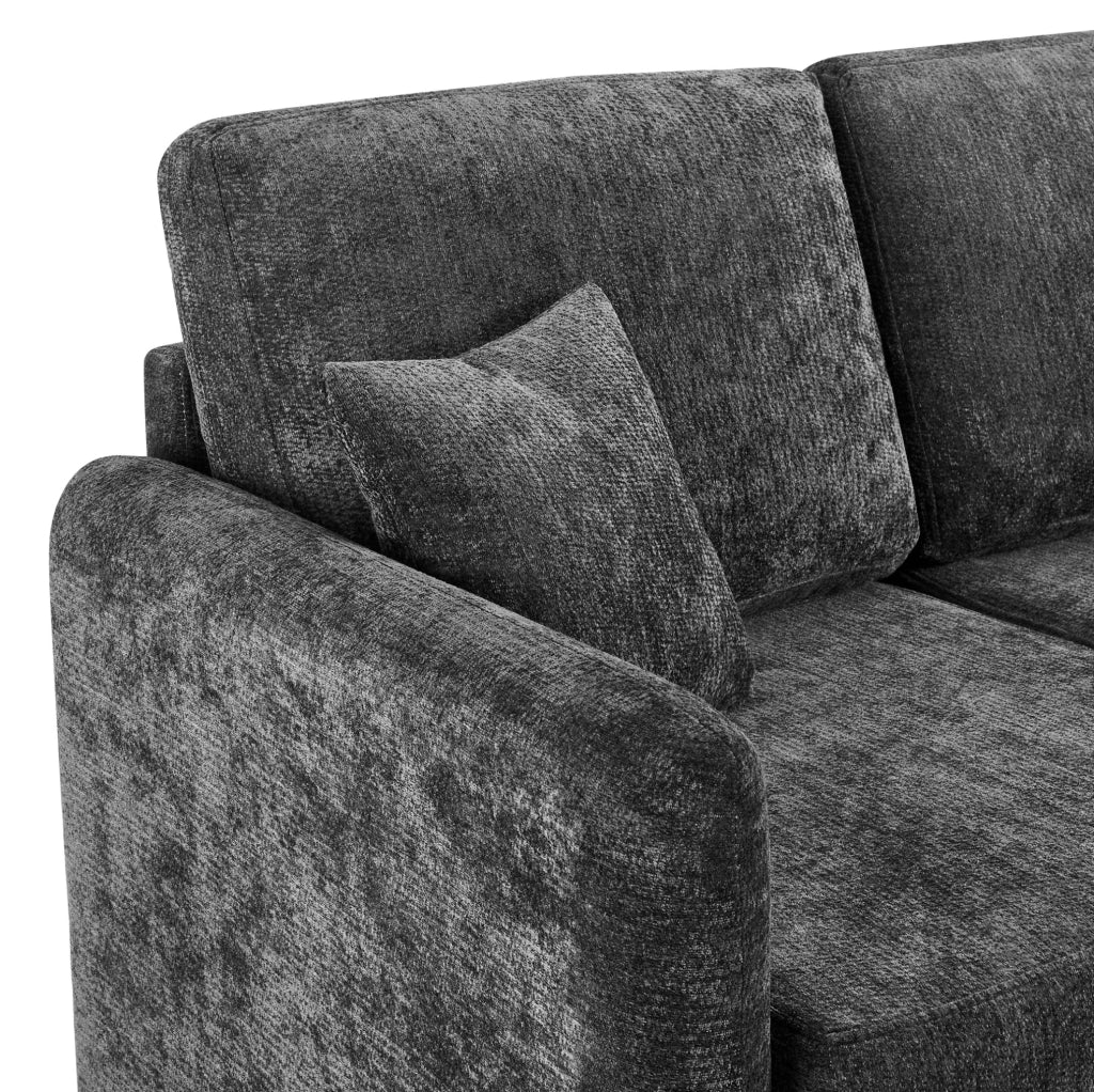 Divano angolare 3 posti a L in chenille nero; con chaise longue integrata e 2 cuscini
