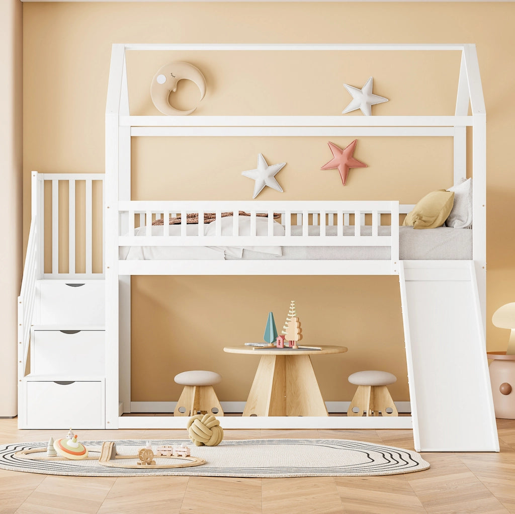 Letto a soppalco 90x200 cm con scivolo e scala contenitore in legno; metallo; compensato e MDF bianco