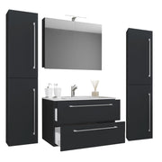 Completo Set bagno 5 Pezzi Mobile sospeso 2 casetti con Lavabo XL in ceramica incl 2 Colonne e mobile specchio, Nero ,