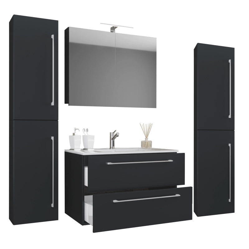Completo Set bagno 5 Pezzi Mobile sospeso 2 casetti con Lavabo XL in ceramica incl 2 Colonne e mobile specchio, Nero ,