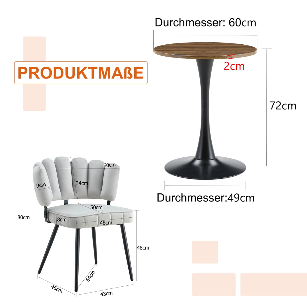 Tavolo Rotondo e Sedie da Pranzo ¨C MINIMAL ¨C Piano MDF Nero, Velluto Grigio, Gambe Metallo, 60cm