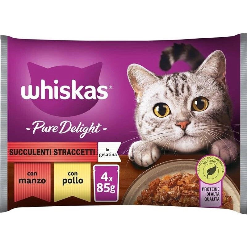 WHISKAS PURE DELIGHT CARNE IN GELATINA 4X85 GR 2 GUSTO POLLO 2 GUSTO MANZO