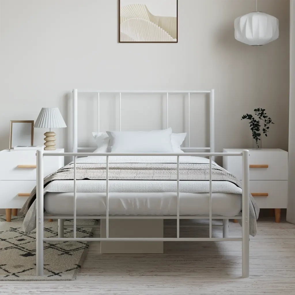 Letto singolo | Letto per adulti | Giroletto con Testiera e Pediera Metallo Bianco 100x190 cm