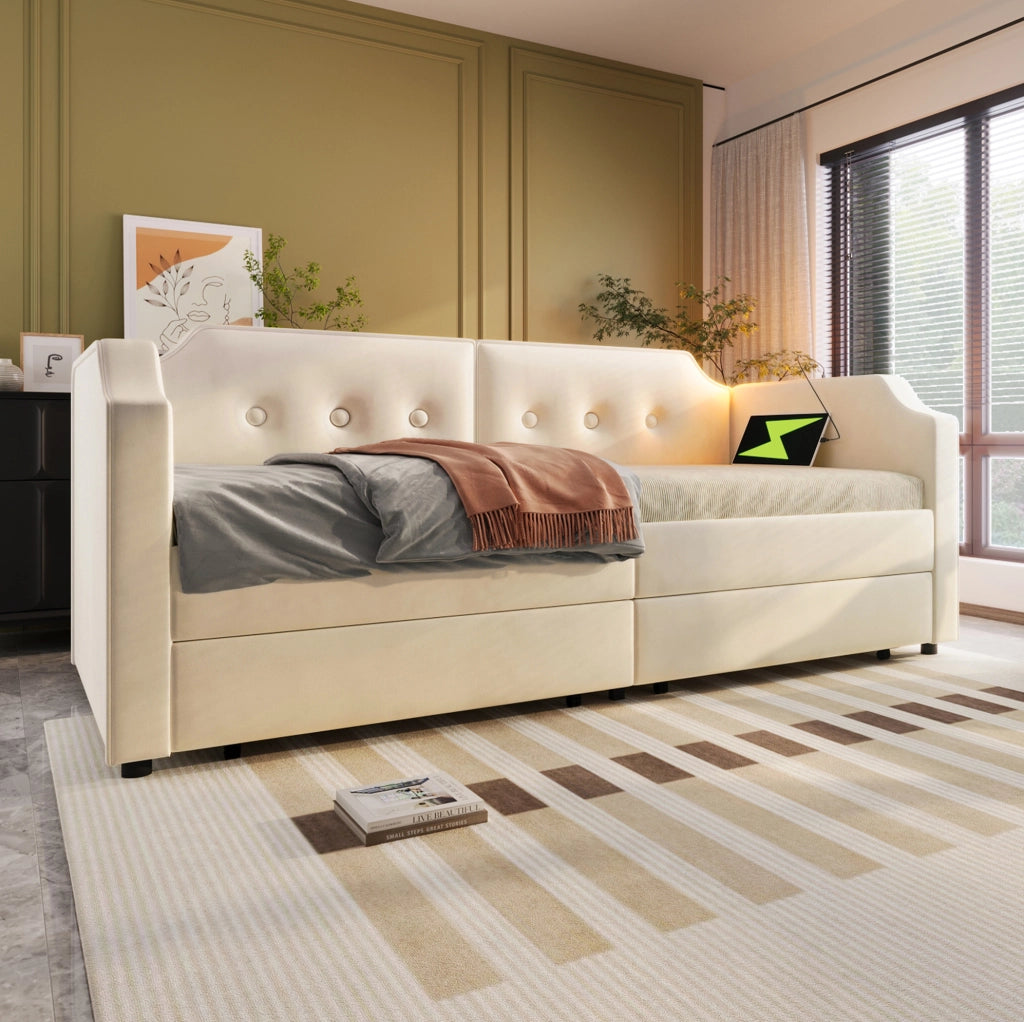 Letto imbottito 90x200 cm in velluto beige con USB Type-C; lampada e 2 cassetti