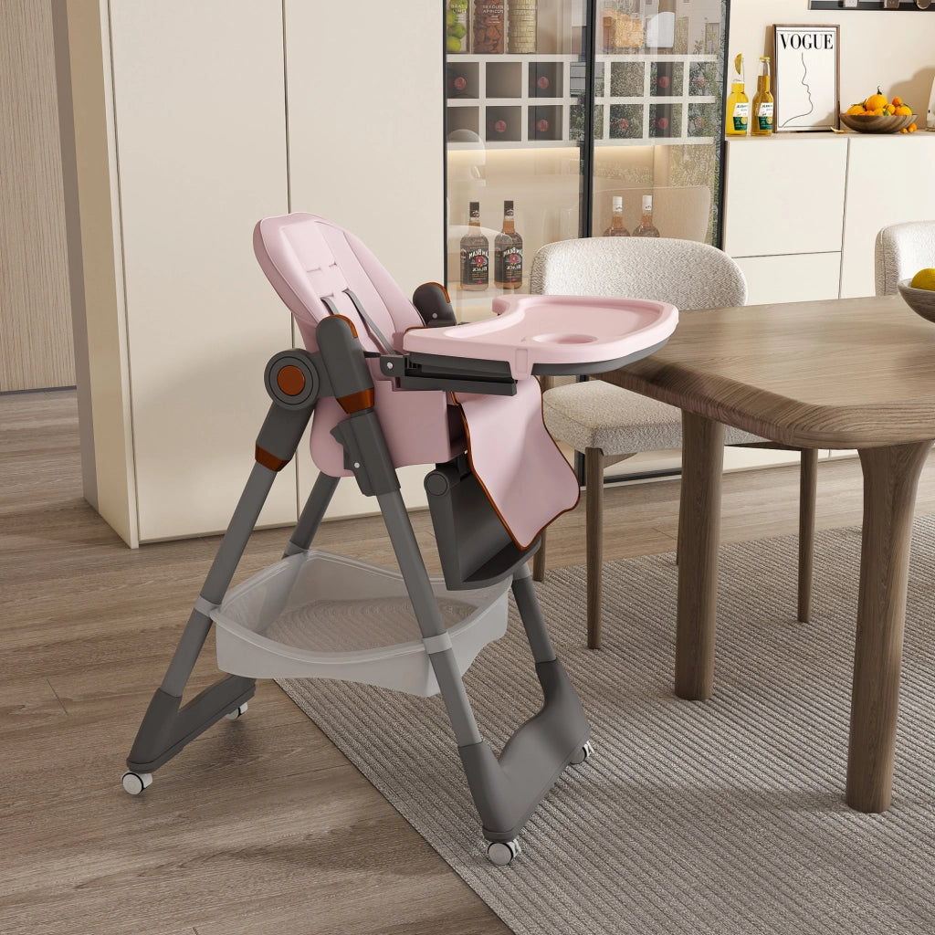 Seggiolone pappa pieghevole regolabile per bambini 6 mesi-6 anni; rosa