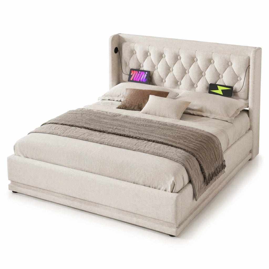 Letto 180x200 cm con contenitore idraulico, LED e USB-C in cotone beige