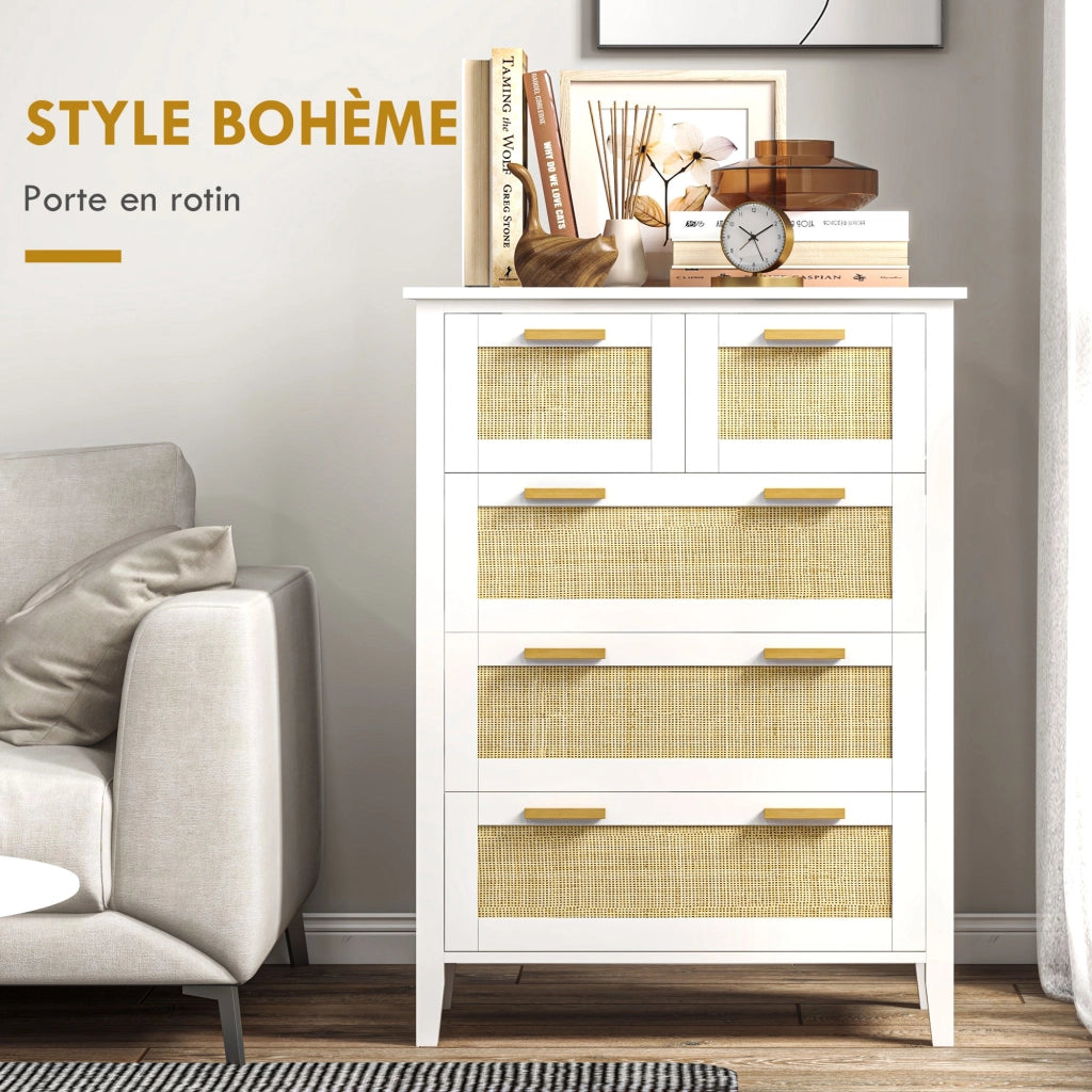 Cassettiera 5 Cassetti Legno Massiccio Maniglie in Legno ¨C Minimal ¨C Bianco 77x37x104