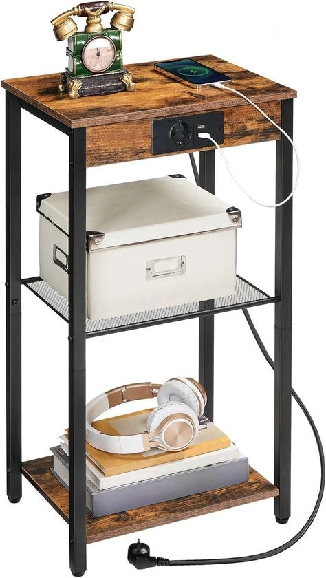 Tavolo con caricabatteria, 3 livelli, design vintage marrone per soggiorno, camera e ingresso, aumenta la capacità di stoccaggio