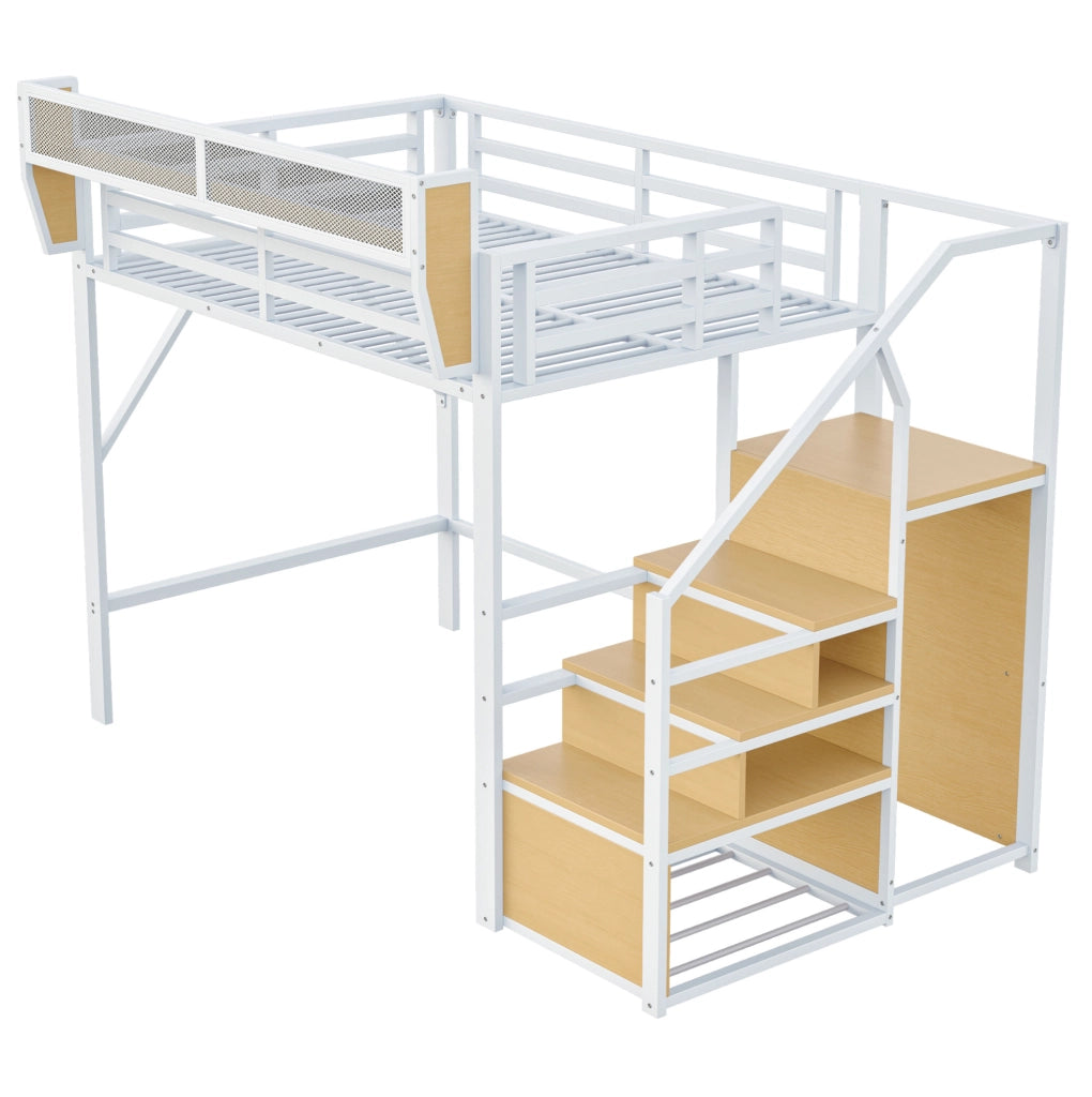 Letto a soppalco 140x200 cm bianco in metallo; scala di sicurezza