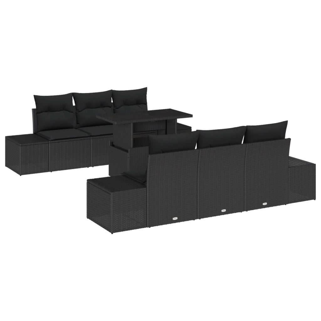 Set Divano da Giardino in 7 Pezzi con Cuscini in Polyrattan Nero