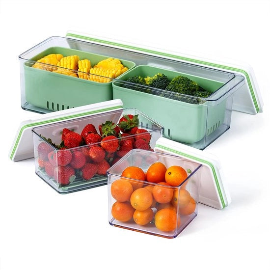 Contenitore per frutta e verdura stapabile 4500 ml, contenitore organizzatore con ciotola di raccolta spilli rimovibile, set da 3, per frigoriferi, armadi, mensoline e dispensari, BPA-free (verde)