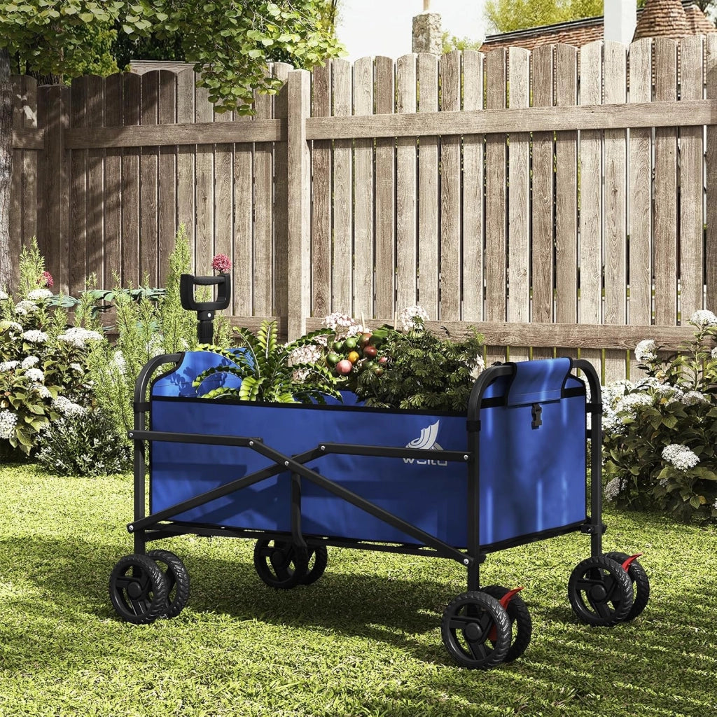 Carrello Pieghevole con 4 Ruote Doppie, Campeggio, Viaggio, Giardino, Spiaggia, Oxford+Metallo, Blu