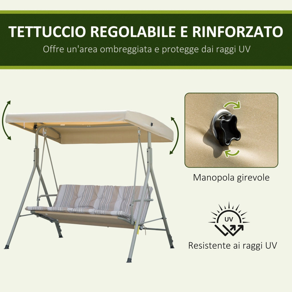 Easycomfort Dondolo da Giardino 3 Posti in Acciaio con Tetto Regolabile, Cuscini e Braccioli, 172x110x156cm
