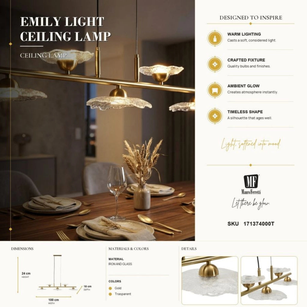 Lampadario EMILY in metallo dorato e vetro trasparente