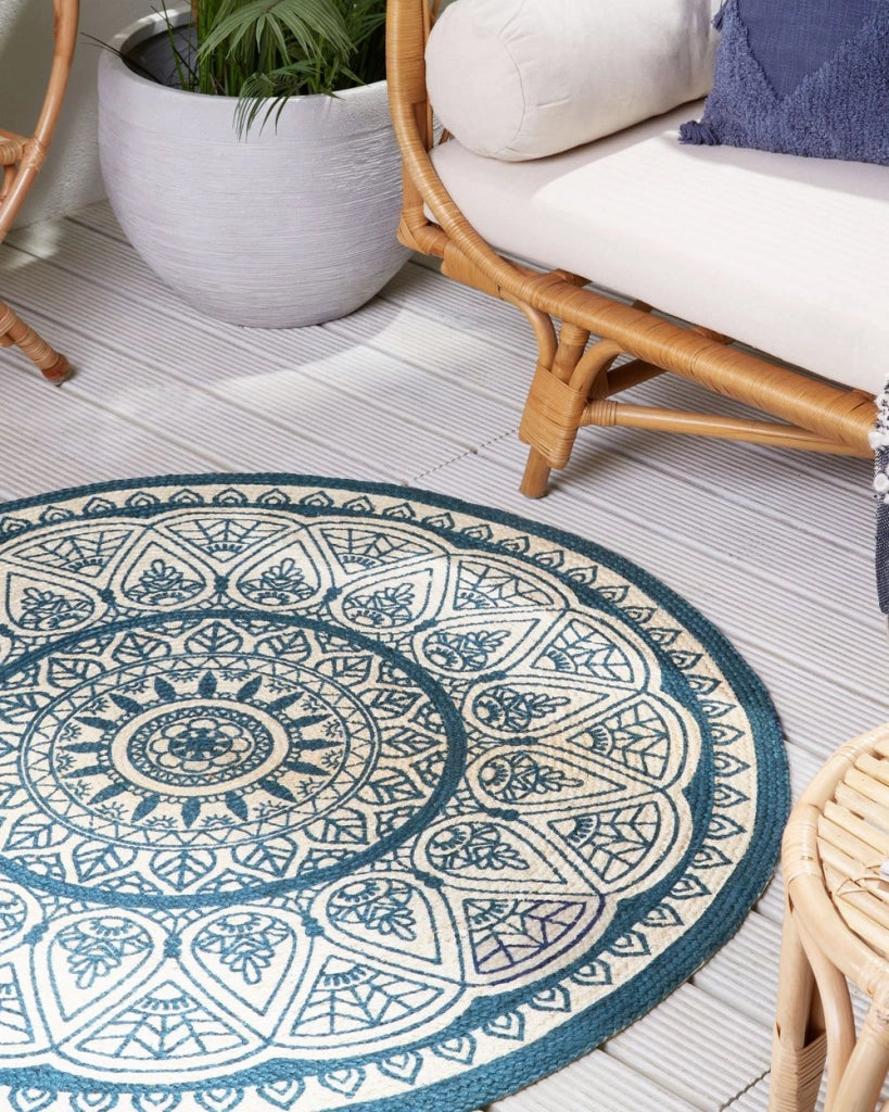Tappeto tappetino Canapa Blu ø 120 cm Rotondo Intrecciato a Mano Oriental Boho