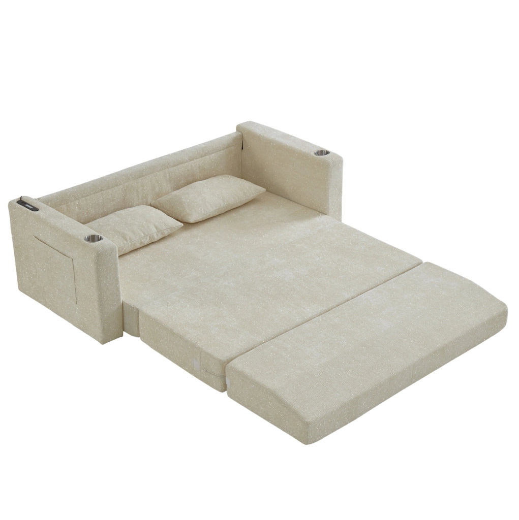 Divano letto 2 posti 153x77x65 cm beige in ciniglia con USB e 2 cuscini