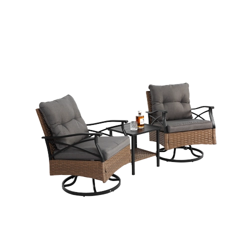 Set 3 Pezzi da Giardino con 2 Sedie a Dondolo Girevoli e Tavolino ¨C MINIMAL ¨C Polyrattan Marrone