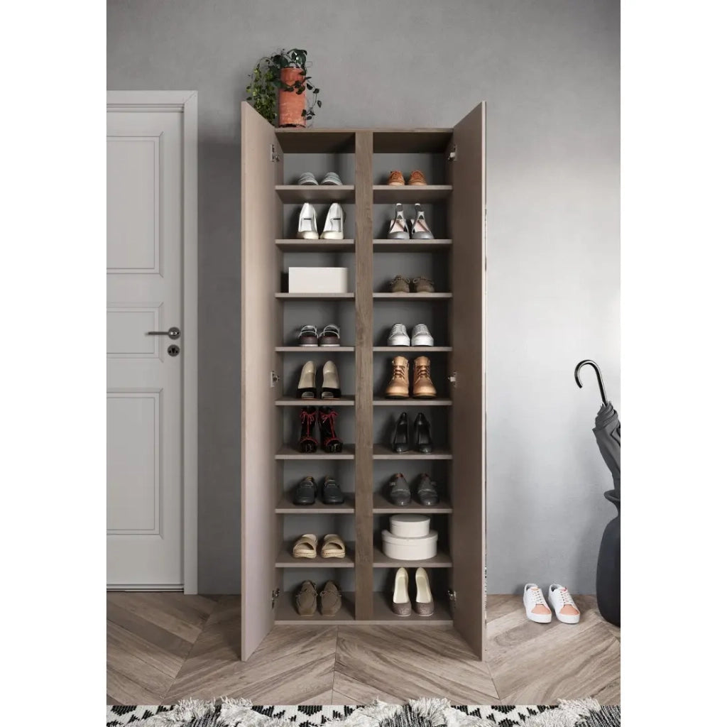 Armadio con 2 ante e 1 specchio con 8 ripiani regolabili, collezione KEY, colore marrone e rovere.