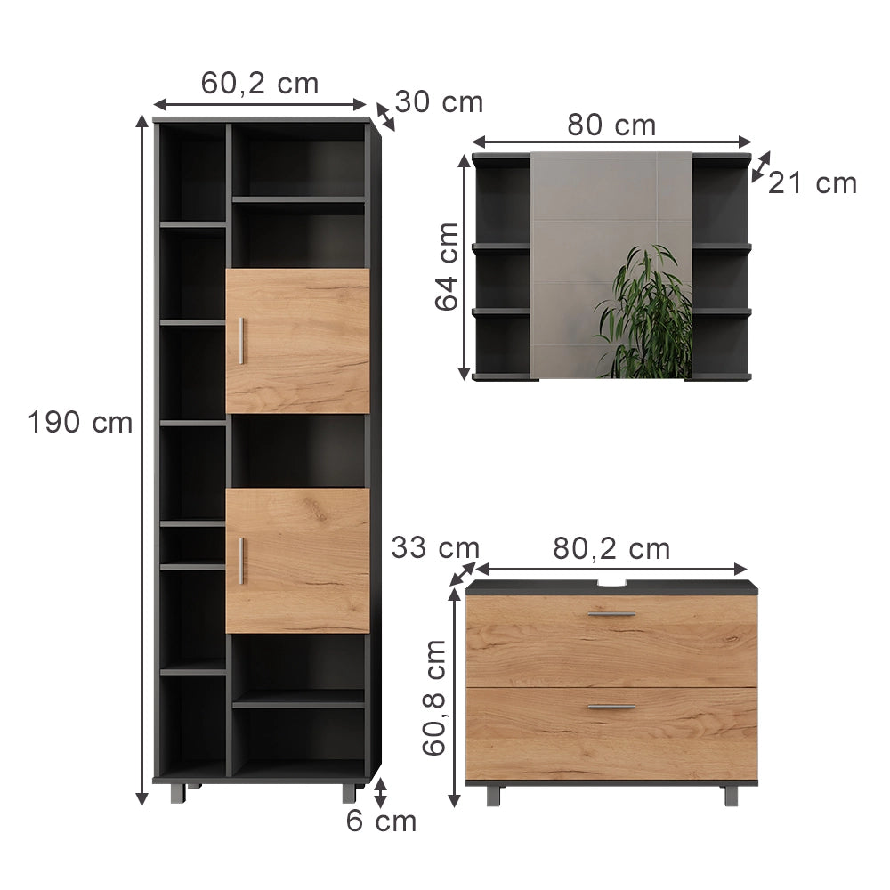 Vicco Set di mobili da bagno Quercia dorata/antracite 3 parti, con colonna