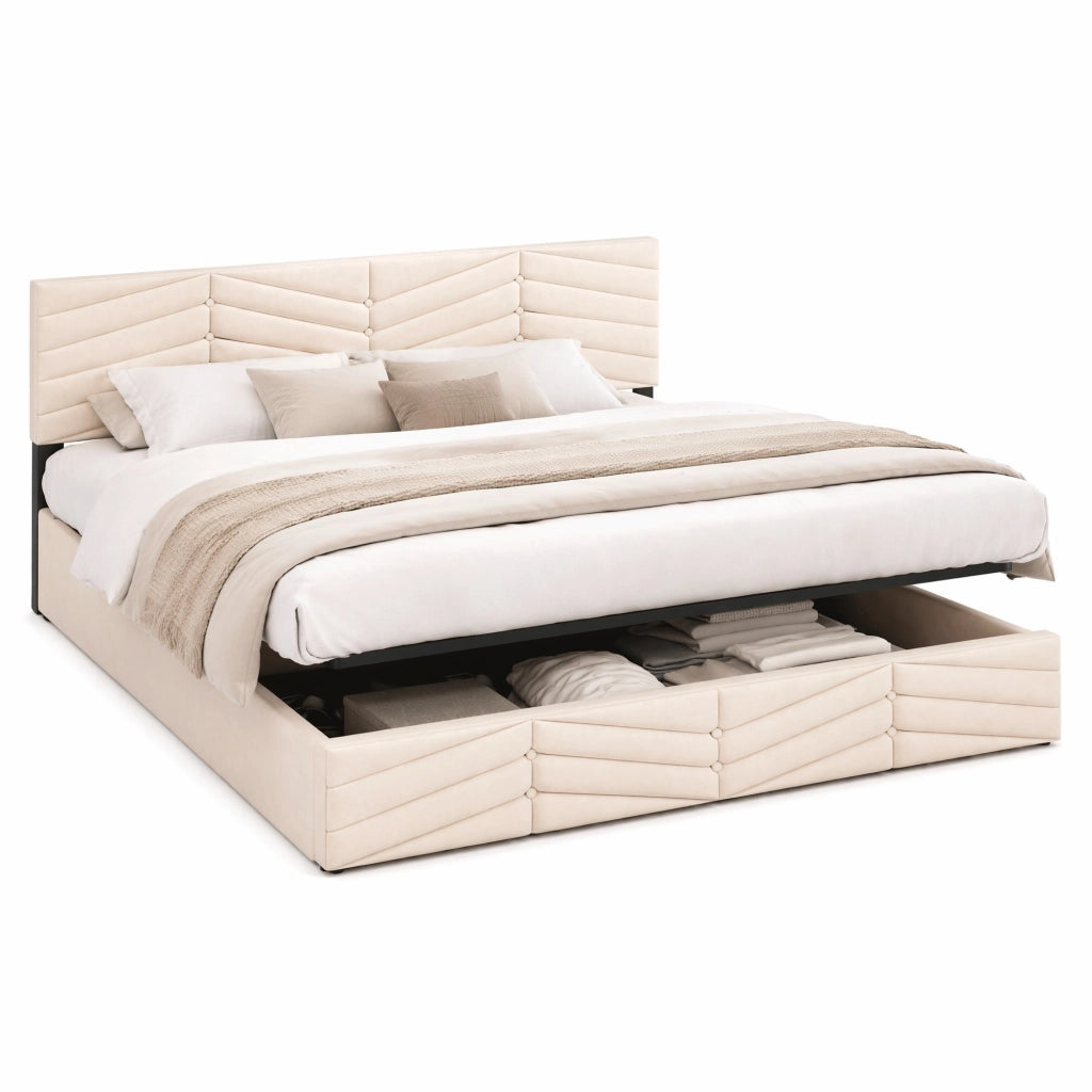 Letto matrimoniale 180x200 cm in velluto beige con testiera regolabile e contenitore