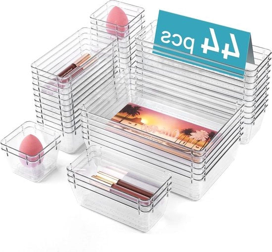 Organizzatori di cassetto trasparenti - Set di 44 pezzi in 4 misure per camera da trucco e accessori da cucina - Organizzatori di cassetto per ufficio in plastica