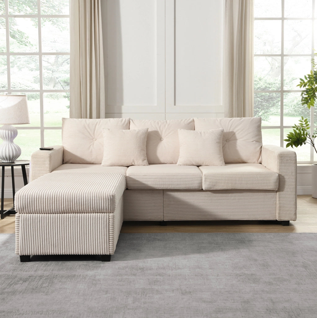 Divano angolare L-form con LED, pouf multifunzione, tessuto a coste beige