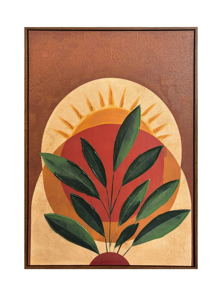 Tela incorniciata botanica Hispanohogar dipinta verde, marrone e beige 90x60