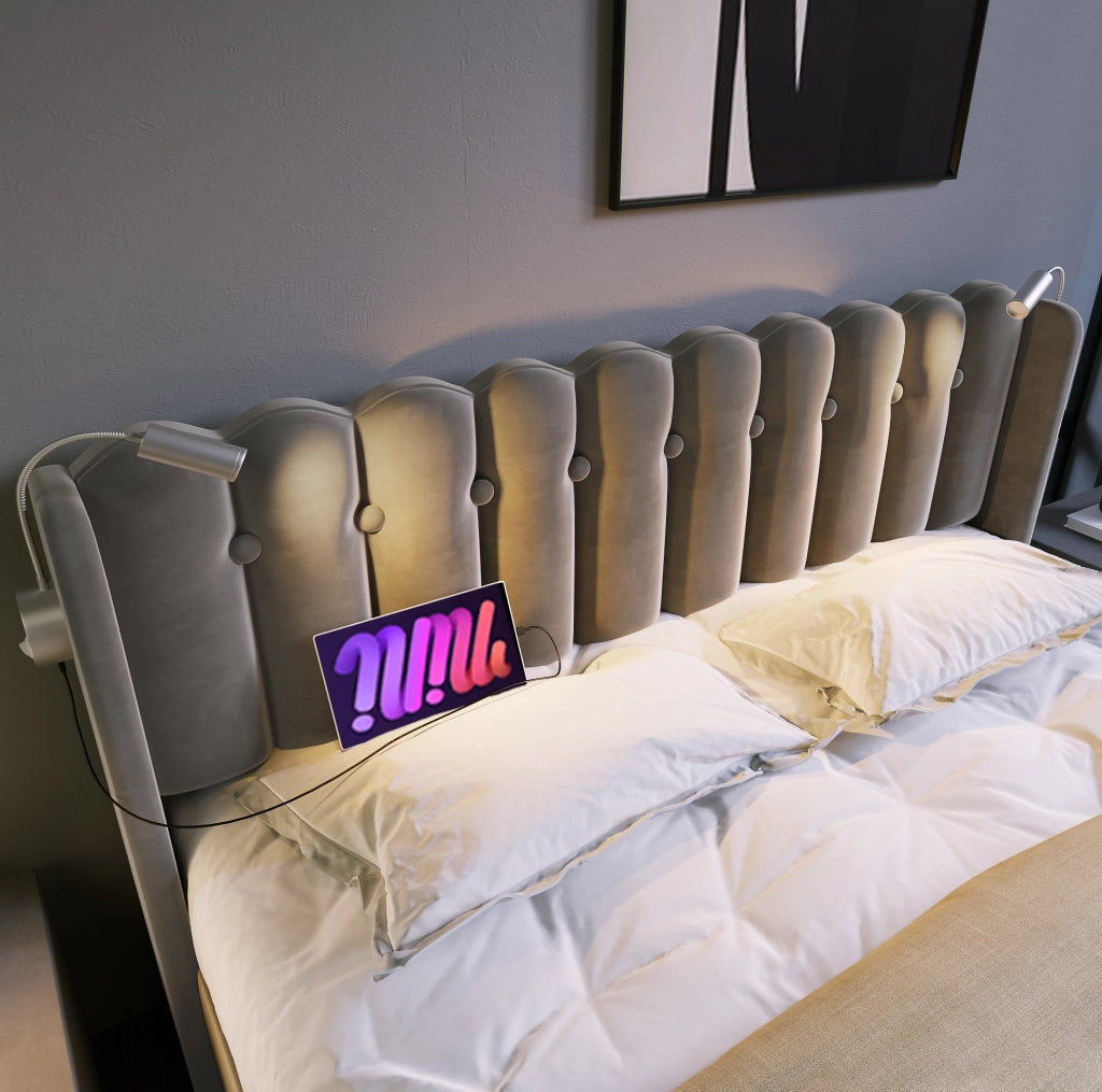 Letto matrimoniale 140x200 cm in velluto grigio con luce da lettura e 2 USB
