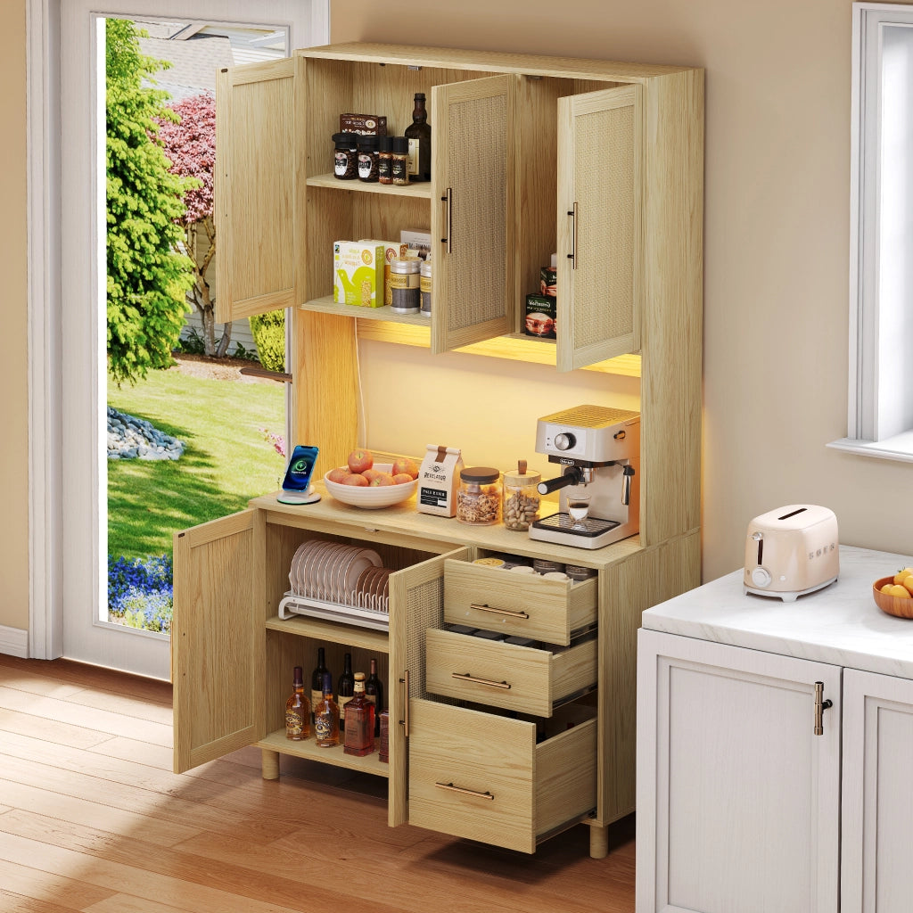 Credenza cucina 183 cm con LED APP, prese USB e schuko, 3 cassetti, ripiani regolabili, finitura naturale
