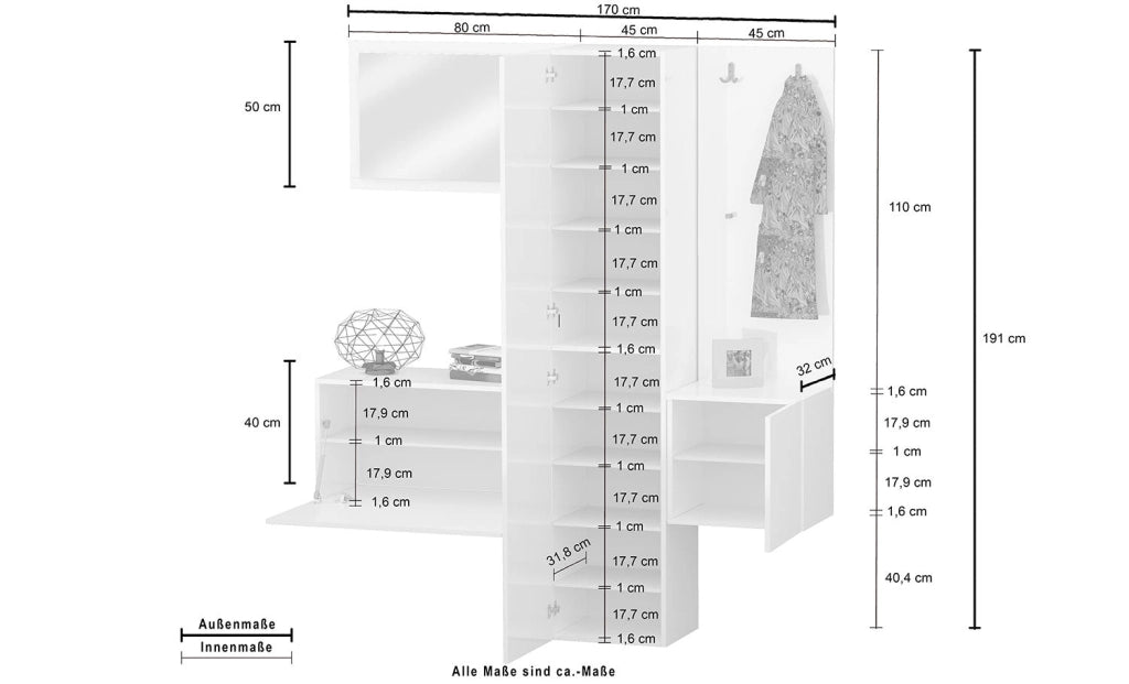 Mobile Ingresso Appendiabiti e Specchio 170x35x191 cm Kompact Bianco Lucido