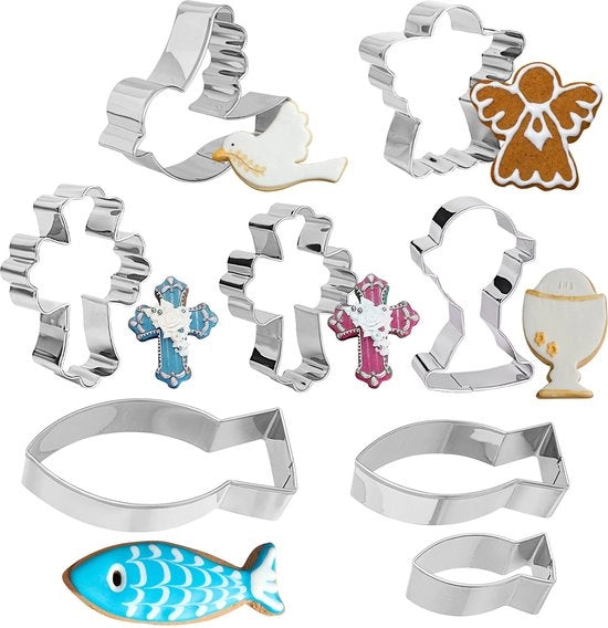 Set di stampi per biscotti in forma di crocifisso per la comunione, 8 pezzi, con stampo per biscotto in forma di pesce e stampo per biscotto in forma di crocifisso per la comunione.