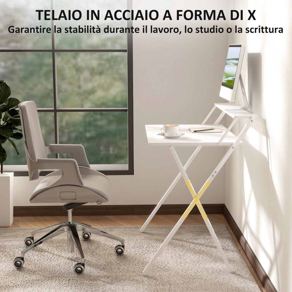 Scrivania Pieghevole 81,5x62x86,5 cm con Ripiano per Monitor Bianco