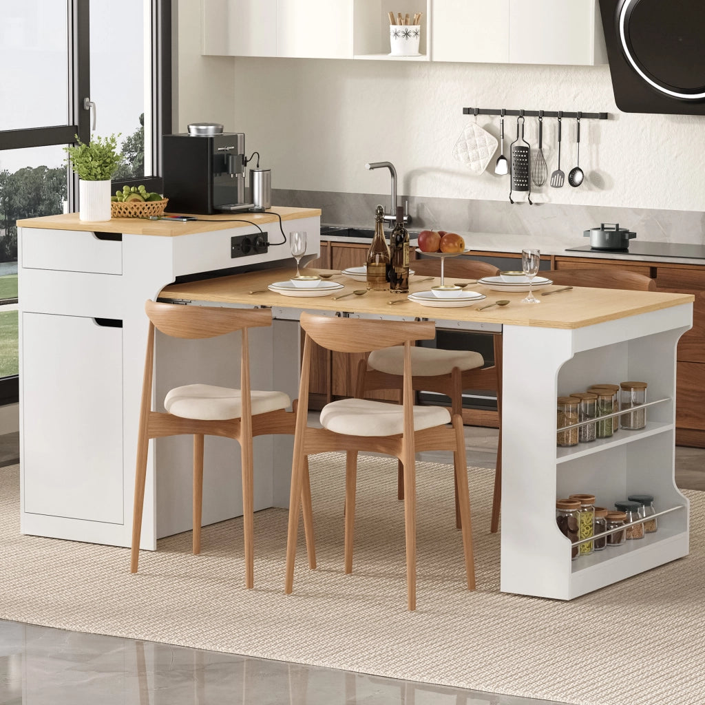 Tavolo allungabile con 2 cassetti e prese; per cucina; in MDF e vetro; bianco