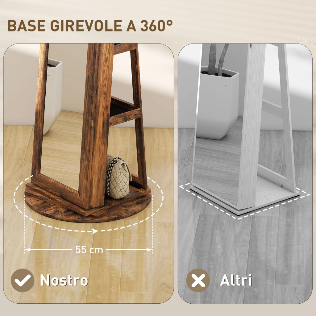 Specchio Girevole Portagioie con Ripiani e Chiusura ¨C zephmum ¨C 55x55x161 cm Marrone Legno